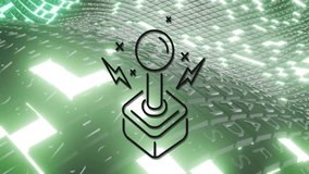 Neon HUGE SALE text glitching behind stylized joystick icon streaming across curved metallic grid. Neon, digital, futuristic, vibrant, technology, advertising, animation - Powered by Shutterstock - Get 15% off with code: PIKWIZARD15