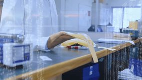 female health technician examining mask and using smartphone, showing binary code and social icons. Science, innovation, technology, safety, communication, analysis, modern - Powered by Shutterstock - Get 15% off with code: PIKWIZARD15