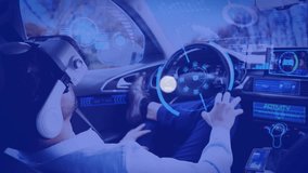 Man wearing AR headset sitting in car cabin, with floating holographic icons and digital charts. Futuristic, innovation, technology, vehicle, virtual, interface, connectivity - Powered by Shutterstock - Get 15% off with code: PIKWIZARD15