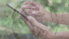 woman's hands tapping smartphone outdoors, revealing finance line charts and stock ticker. Technology, data, innovation, financial, mobile, analytical, digital - Powered by Shutterstock - Get 15% off with code: PIKWIZARD15