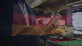 Business executive holding tablet while animated candlestick charts showing financial trends. Finance, technology, analytics, professional, market, data, corporate - Powered by Shutterstock - Get 15% off with code: PIKWIZARD15