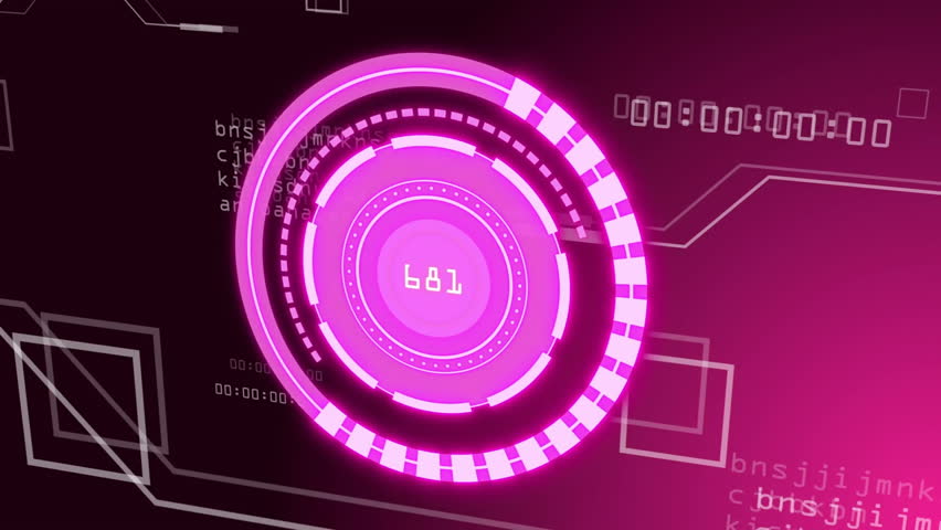 Animated flat design glowing magenta circular interface spinning while teal code snippets floating. Futuristic, technology, interface, digital, cyberpunk, neon, innovation