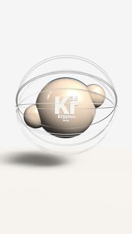 vertical Krypton Kr 36 3d atom model animation gas element from periodic table on clean white background. 3D Illustration