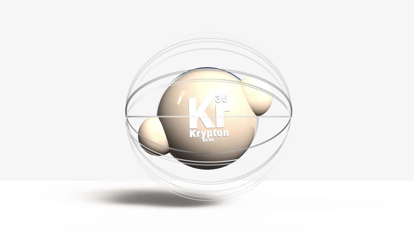 Krypton Kr 36 3d atom model animation gas element from periodic table on clean white background. 3D Illustration