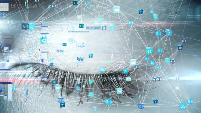 Human eye integrating floating holographic UI with icons, charts and line graphs in 3D render. Futuristic, technology, digital, interface, holography, biometric, innovation - Powered by Shutterstock - Get 15% off with code: PIKWIZARD15