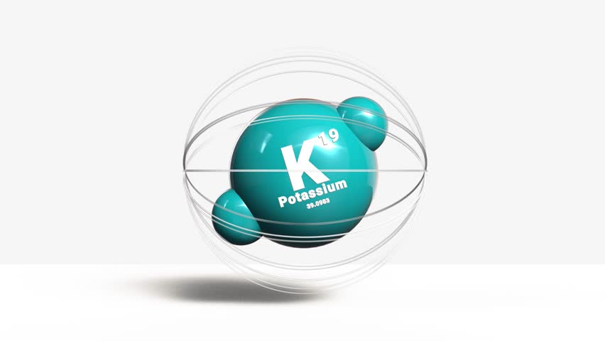 Potassium atom molecule K 19 atom model on white background vertical. 3D Illustration
