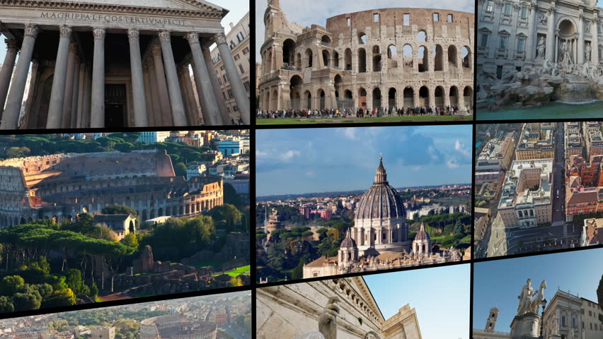 Collage of video tourist points of architecture and cityscape of Rome. Ruins of ancient buildings in the center of the capital of Italy, travel and tourism in Europe.