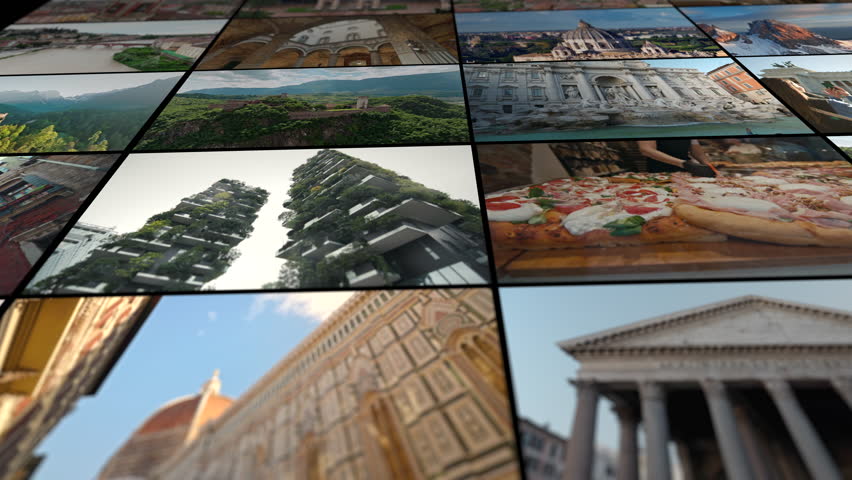 Collage with video walk through tourist points of cities of Italy. Tourist Europe beautiful cityscapes of Venice Rome Milan.
