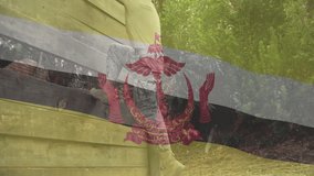 Man climbing wooden obstacle wall during fitness training, showing semi-transparent flag overlay. Adventure, endurance, rugged, outdoor, challenge, determination, sport - Powered by Shutterstock - Get 15% off with code: PIKWIZARD15