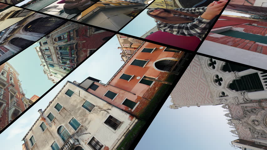 Collage video walk through tourist points of Venice Italy. Beautiful architecture historical places travel in Europe.