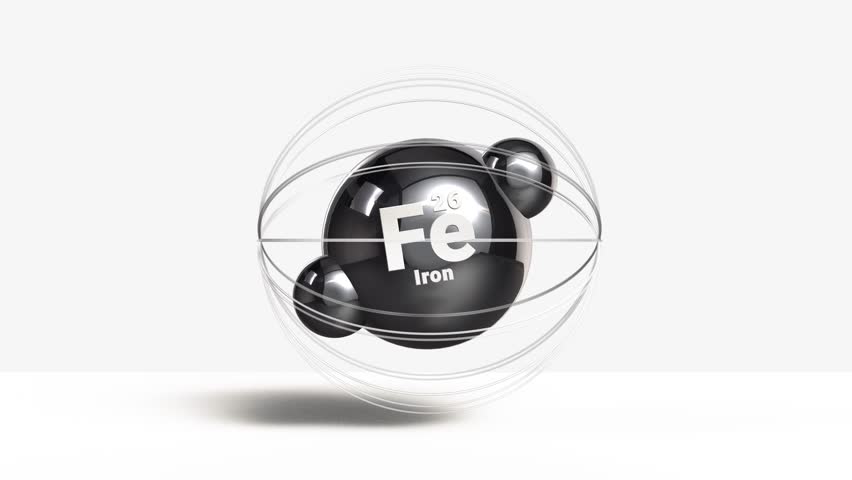 Iron Fe 26 Atomic model titanium metal 3d animation element from periodic table on clean white background. 3D Illustration