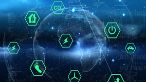 Flat design dotted globe showing network links and floating hexagon icons depicting energy metrics. Futuristic, digital, technology, connectivity, sustainability, environment, data visualization - Powered by Shutterstock - Get 15% off with code: PIKWIZARD15