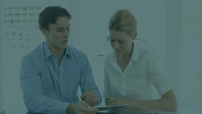 Male and female colleagues reviewing business data on tablet displaying floating numbers and waves. Collaboration, data analysis, teamwork, digital interface, modern office, analytics, professional - Powered by Shutterstock - Get 15% off with code: PIKWIZARD15