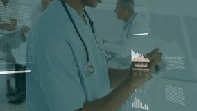 Medical team reviewing patient data in clinical room, showing floating pie and bar charts. Healthcare, analytics, teamwork, professionalism, innovation, diagnostics, technology - Powered by Shutterstock - Get 15% off with code: PIKWIZARD15