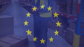 Warehouse worker inspecting clipboard inside warehouse aisle, showing translucent EU stars overlay. Industrial, logistics, inventory, safety, organization, efficiency, workspace - Powered by Shutterstock - Get 15% off with code: PIKWIZARD15