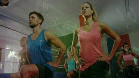 Fitness group doing synchronized lunges inside boxing ring, showing floating map and data graphics. Training, athleticism, workout, strength, determination, sport, motion - Powered by Shutterstock - Get 15% off with code: PIKWIZARD15