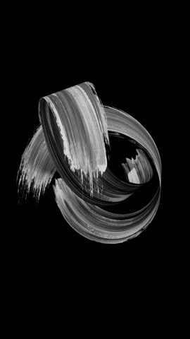 Vertical creative 3D animation. Animated black and white smear. Monochrome brush stroke moves in a spontaneous curvy trajectory on black background. Abstract shape drawn with paint