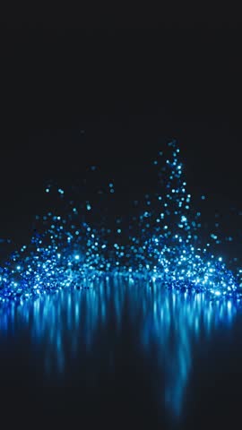 Vertical animation of bright blue sparks magically appearing in the dark, glittering and whirling, leaving glowing trails and reflections on the floor, creating a magical festive atmosphere.