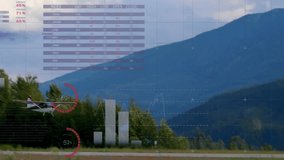 Single-engine propeller airplane rolling runway with digital data overlay and flat design charts. Aircraft, aviation, transportation, data visualization, technology, travel, exploration - Powered by Shutterstock - Get 15% off with code: PIKWIZARD15