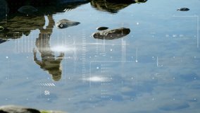 Rock cluster protruding from water, showing technology interface with bar graphs and code snippets. Futuristic, reflective, natural, digital, analytical, schematic, serene - Powered by Shutterstock - Get 15% off with code: PIKWIZARD15