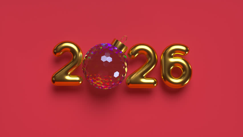 2026 New Year sign with rotating ball. 3d metallic golden numbers and glossy ball on red background. Seamless looped 4k animation.