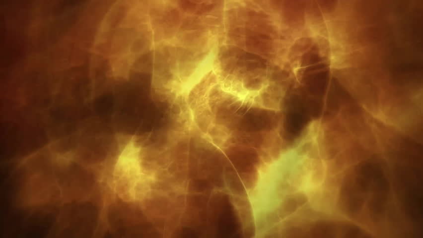 Translucent blue fluid shapes floating in cosmic 3D render with brown orange nebula backdrop. Futuristic, abstract, fluidity, cosmic, organic, luminous, textured