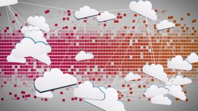 Cloud network visualizing stylized icons floating over pixelated gradient grid, using flat design. Technology, connectivity, digital, modern, innovation, abstract, network - Powered by Shutterstock - Get 15% off with code: PIKWIZARD15