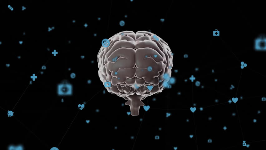 3D human brain model being suspended over black backdrop, showing floating blue medical icons. Neuroscience, innovation, technology, digital, healthcare, biotechnology, research - Powered by Shutterstock - Get 15% off with code: PIKWIZARD15