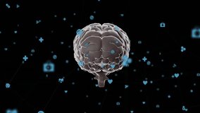 3D human brain model being suspended over black backdrop, showing floating blue medical icons. Neuroscience, innovation, technology, digital, healthcare, biotechnology, research - Powered by Shutterstock - Get 15% off with code: PIKWIZARD15
