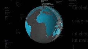 Digital globe being animated in dark backdrop, with floating C++ code snippets in 3D render. Technology, cybersecurity, innovation, artificial intelligence, data visualization, futuristic, digital - Powered by Shutterstock - Get 15% off with code: PIKWIZARD15