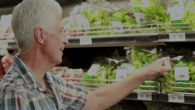 Senior man reaching for lettuce in retail technology demo, showing semi-transparent data overlay. Elderly, grocery, technology, digital, health, retail, produce - Powered by Shutterstock - Get 15% off with code: PIKWIZARD15