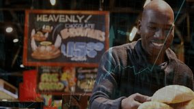 Man picking bread roll at bakery counter, showing floating price tags and animated pastry icons. Artisan, retail, rustic, cozy, gourmet, seasonal, handcrafted - Powered by Shutterstock - Get 15% off with code: PIKWIZARD15