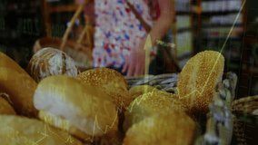 Bread loaves floating under rising stock graphs overlaying bakery counter in flat design. Artisanal, diagnostics, modern, retail, fresh, seasonal, vibrant - Powered by Shutterstock - Get 15% off with code: PIKWIZARD15