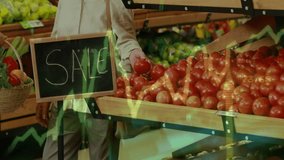 Senior couple selecting produce in supermarket, green stock graph overlays tracking market data. Retirement, healthy eating, organic, natural, vitality, lifestyle, rustic - Powered by Shutterstock - Get 15% off with code: PIKWIZARD15