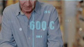 Senior man checking smartphone in retail aisle, displaying floating charts with currency symbols. Elderly, commerce, technology, finance, shopping, analytics, retail - Powered by Shutterstock - Get 15% off with code: PIKWIZARD15