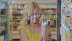 woman browsing bright grocery aisle, with retail analytics overlays showing bar charts on shelves. Retail, commerce, marketing, data visualization, consumer, technology, urban - Powered by Shutterstock - Get 15% off with code: PIKWIZARD15