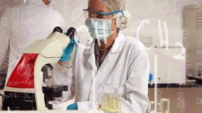 Lab technician leaning over microscope in health lab, showing animated chemical formulas overlay. Science, research, innovation, diagnostics, analysis, pharmaceuticals, laboratory - Powered by Shutterstock - Get 15% off with code: PIKWIZARD15