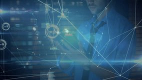 Man holding smartphone using transparent network display with connection lines in business tech. Technology, innovation, connectivity, digital, futuristic, data, industry - Powered by Shutterstock - Get 15% off with code: PIKWIZARD15