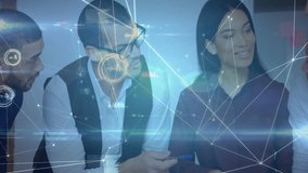 Colleagues reviewing report in business meeting room, showing network graphics and data overlays. Professional, teamwork, collaboration, innovation, digital, modern, corporate - Powered by Shutterstock - Get 15% off with code: PIKWIZARD15