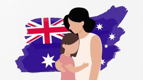 Animated mother daughter, Australia flag icon, symbol. Family life, human rights, identity, relationship concept. Slow motion vector animation, motion graphic video. Isolated white screen background - Powered by Shutterstock - Get 15% off with code: PIKWIZARD15