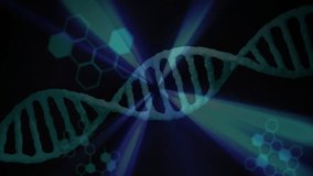 Abstract DNA helix being animated over neon gridlines, glowing code and medical crosses in dark UI. Futuristic, biotech, innovation, digital, scientific, visualization, data - Powered by Shutterstock - Get 15% off with code: PIKWIZARD15