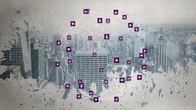 social media icons floating over city skyline, linking in grunge network graph with banner labels. Digital networking, urban technology, modern communication, graphic design, abstract composition, - Powered by Shutterstock - Get 15% off with code: PIKWIZARD15