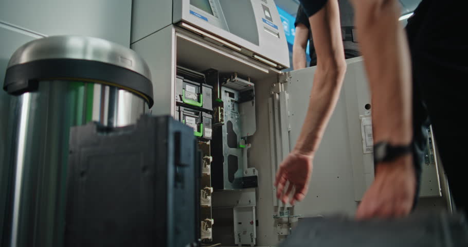 Professional Technicians Performing ATM Cash Collection Procedure in Airport Terminal, Changing Cash Cassettes, Servicing ATM Machine. Encashment Operation for Money Transport. Close Up Handheld.