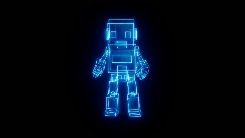 Blue wireframe robot glances around nervously, evoking tension or suspicion. Great for sci-fi interfaces, storytelling scenes, virtual assistants, or metaverse AI characters.