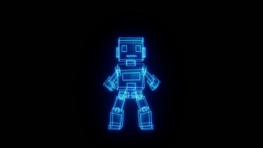Futuristic hologram robot stands proudly with a raised arm, symbolizing success. Great for game intros, metaverse avatars, or sci-fi interfaces with positive vibes.