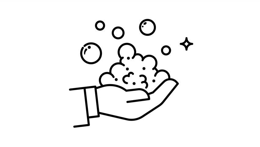Animated Hand with soap suds outlines. Suitable for hygiene and cleaning concepts. Ideal for advertisements, brochures, and social media for soap or hand washing products.