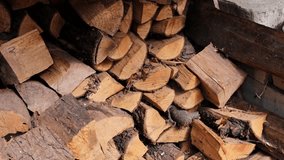 person reaching into stacked firewood pile to retrieve a log with visible bark texture and chopped ends, concept of preparing firewood for home heating, outdoor chores, rural life maintenance - Powered by Shutterstock - Get 15% off with code: PIKWIZARD15