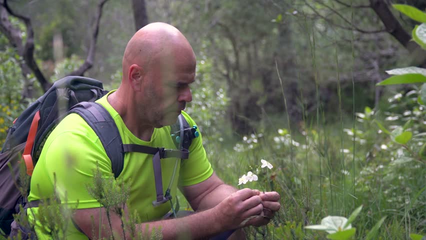 A man taking photos to the wild flowers with the phone, outdoors.	