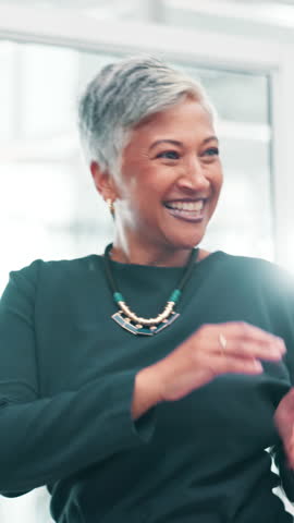 Happy, business and woman dancing in office for success, celebration and winner for promotion. Smile, mature person and team with energy, movement and party for achievement, bonus and corporate win