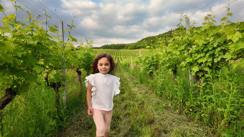 Cinematic slow-motion close up of a brunette toddler girl face in a white tank top looking directly in camera between vineyard rows at sunset in Valpolicella, Italy